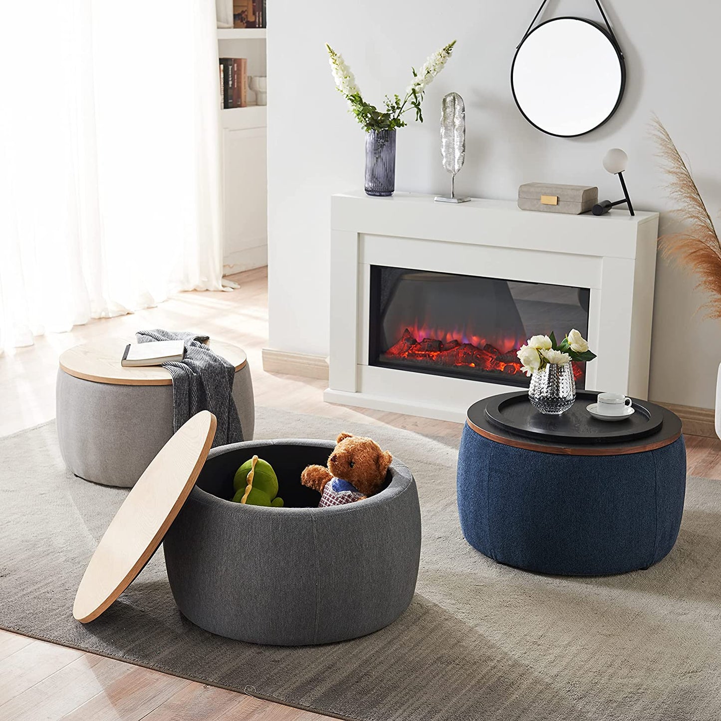 US LVING New Modern Round Storage Ottoman with Wooden Lid,Circle Ottoman Handmade Ottoman Coffee Table,End Table & Footstool for Living Room