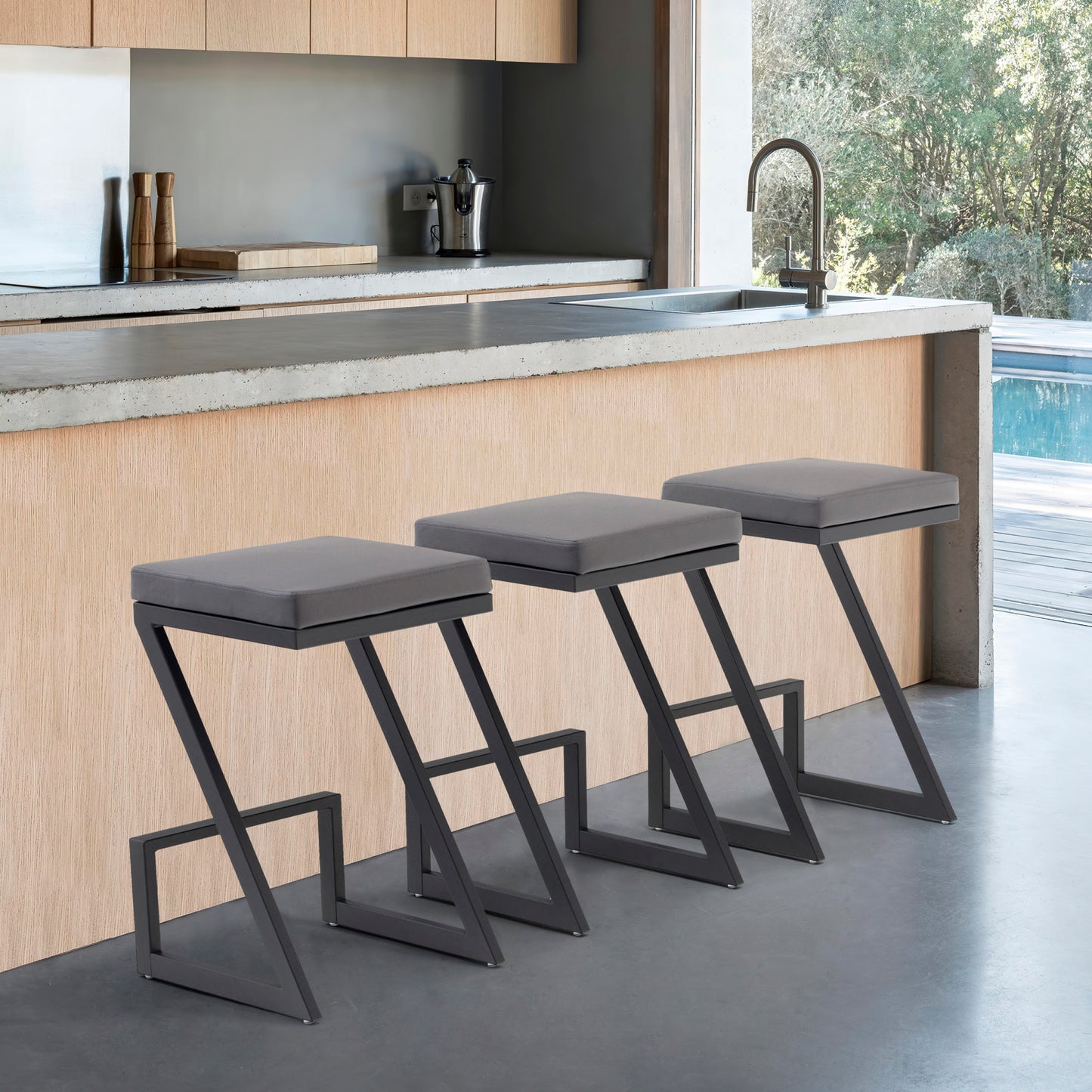 US LIVINGS Z Shaped Metal Backless Barstool with Padded Seat 26" Counter Height Barstool in Black Faux Leather and Brushed Stainless Steel Finish Black/Gray and Silver/ Gray