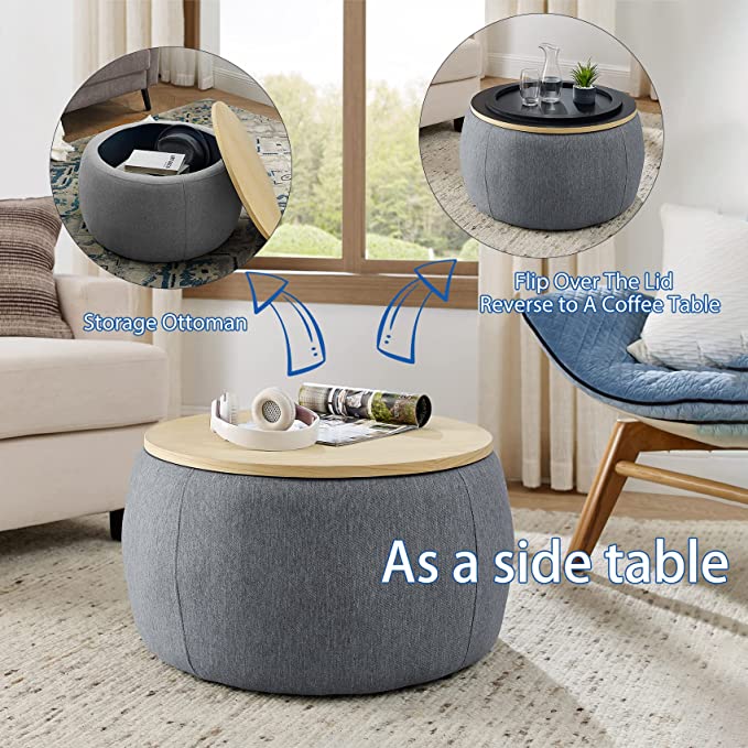 US LVING New Modern Round Storage Ottoman with Wooden Lid,Circle Ottoman Handmade Ottoman Coffee Table,End Table & Footstool for Living Room