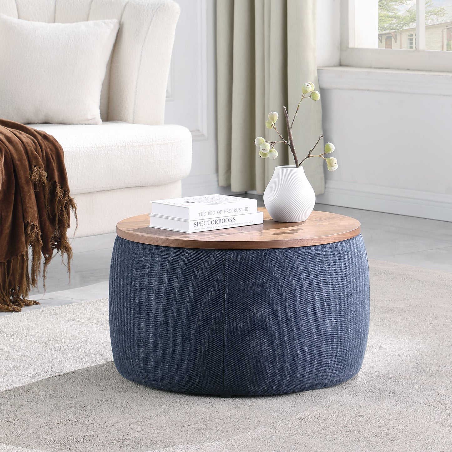 US LVING New Modern Round Storage Ottoman with Wooden Lid,Circle Ottoman Handmade Ottoman Coffee Table,End Table & Footstool for Living Room