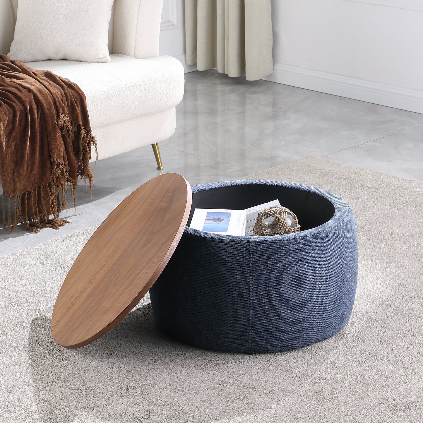 US LVING New Modern Round Storage Ottoman with Wooden Lid,Circle Ottoman Handmade Ottoman Coffee Table,End Table & Footstool for Living Room