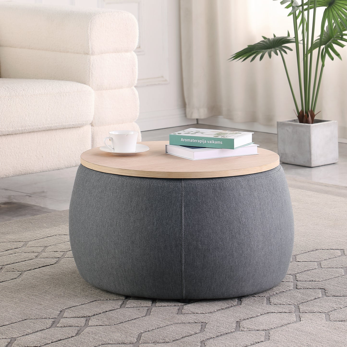 US LVING New Modern Round Storage Ottoman with Wooden Lid,Circle Ottoman Handmade Ottoman Coffee Table,End Table & Footstool for Living Room