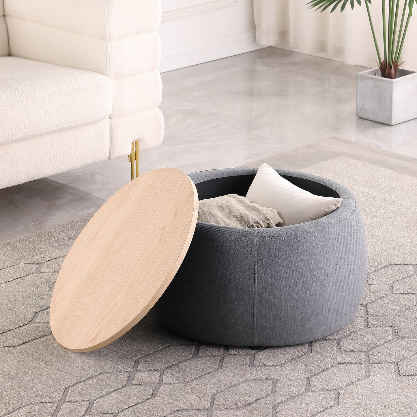 US LVING New Modern Round Storage Ottoman with Wooden Lid,Circle Ottoman Handmade Ottoman Coffee Table,End Table & Footstool for Living Room