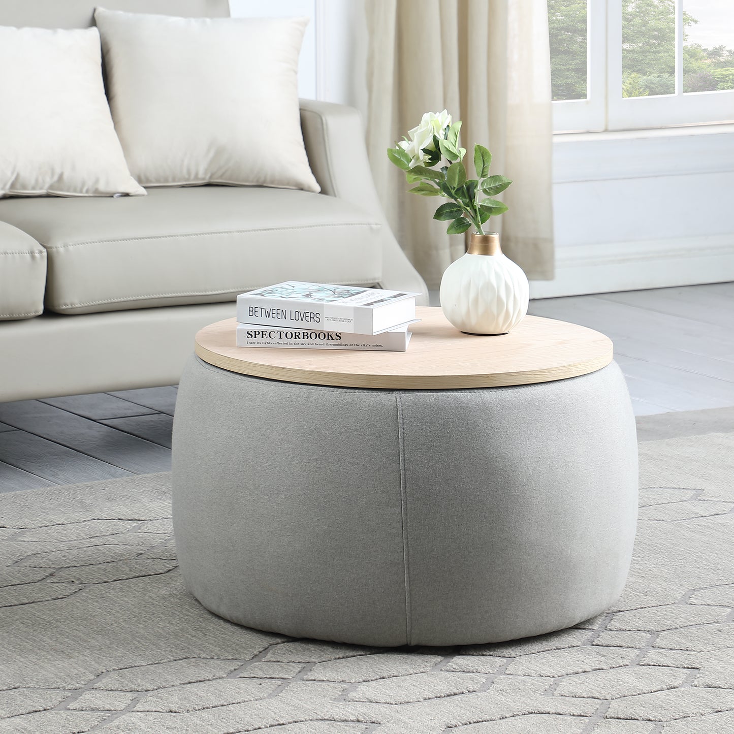 US LVING New Modern Round Storage Ottoman with Wooden Lid,Circle Ottoman Handmade Ottoman Coffee Table,End Table & Footstool for Living Room