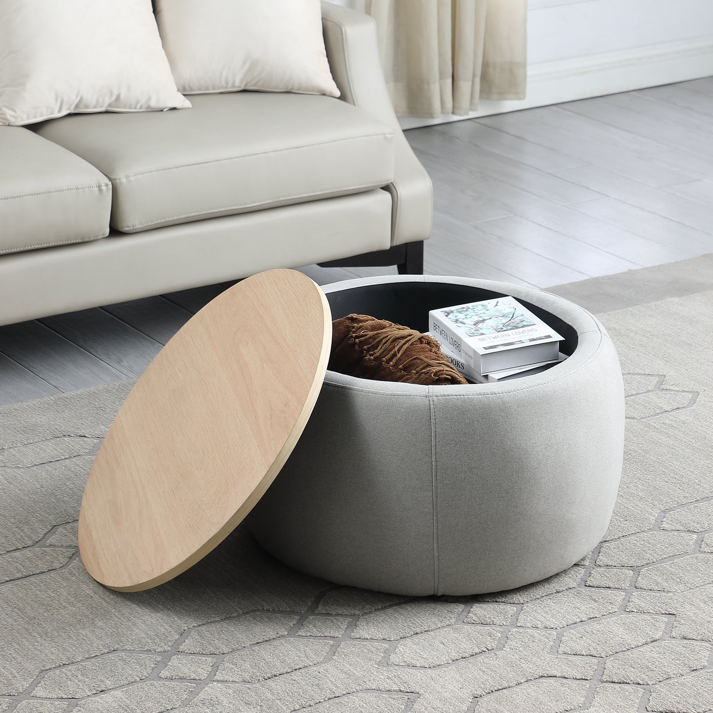 US LVING New Modern Round Storage Ottoman with Wooden Lid,Circle Ottoman Handmade Ottoman Coffee Table,End Table & Footstool for Living Room