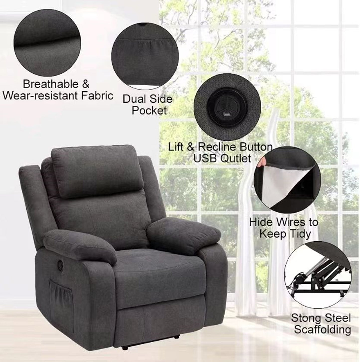UFE Power Lift Recliner with Massage and Heat Therapy Electric Recliners for Elderly Linen Fabric Single Sofa, Soft Living Room Chair Home Theater Lounge Seat, 30×37×42 inch (Brown/Gray)